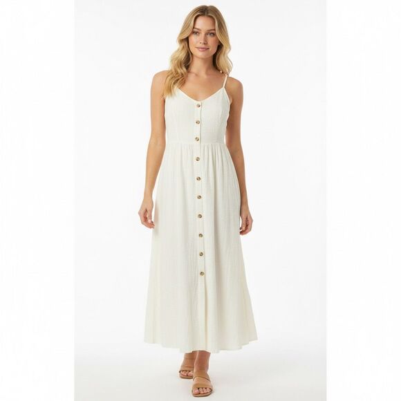 Boho Cotton Blend Midi Dress White Button Front Sun Dress Summer City Chic L - Picture 1 of 7